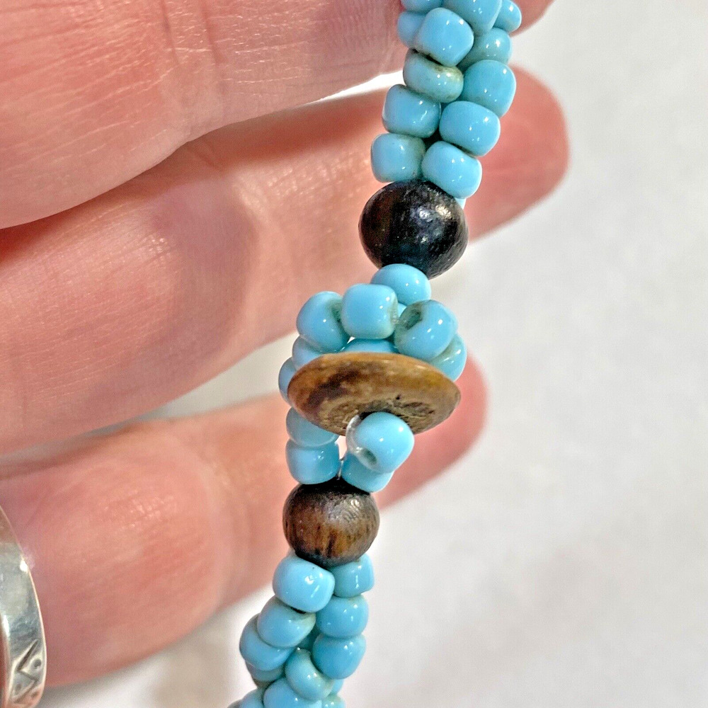 Unique Blue Beaded Necklace Carved MOP Shell Pendant tribal beachy Boho collar - Picture 6 of 7